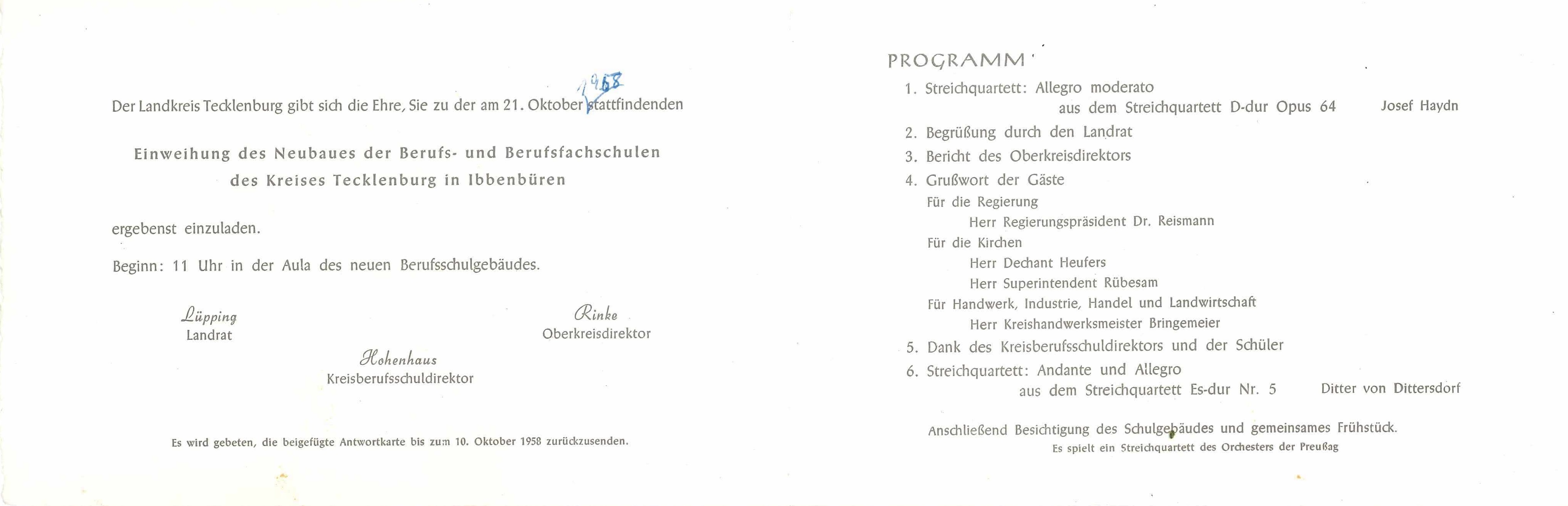 Einladung zur Schuleinweihung 1958 innen Einladung zur Schuleinweihung 1958 innen